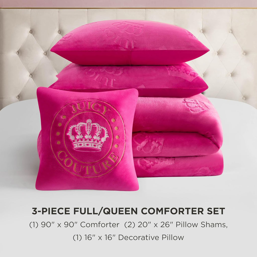 Juicy Couture Plush Reversible Embossed Crown 4-Piece Full/Queen Comforter Set with Decorative Pillow, Hot Pink