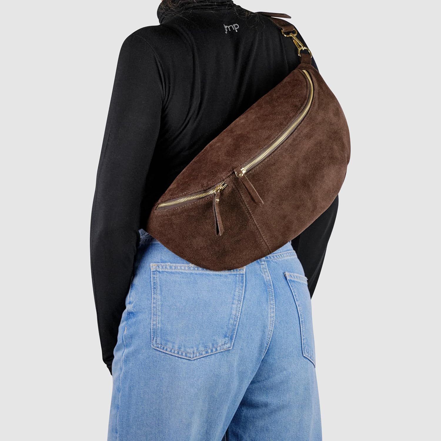 Italian Genuine Suede Crossbody Bag for Women with Zipper & Detachable Strap | Large Travel Chest Sling Fanny Pack (Chocolate)