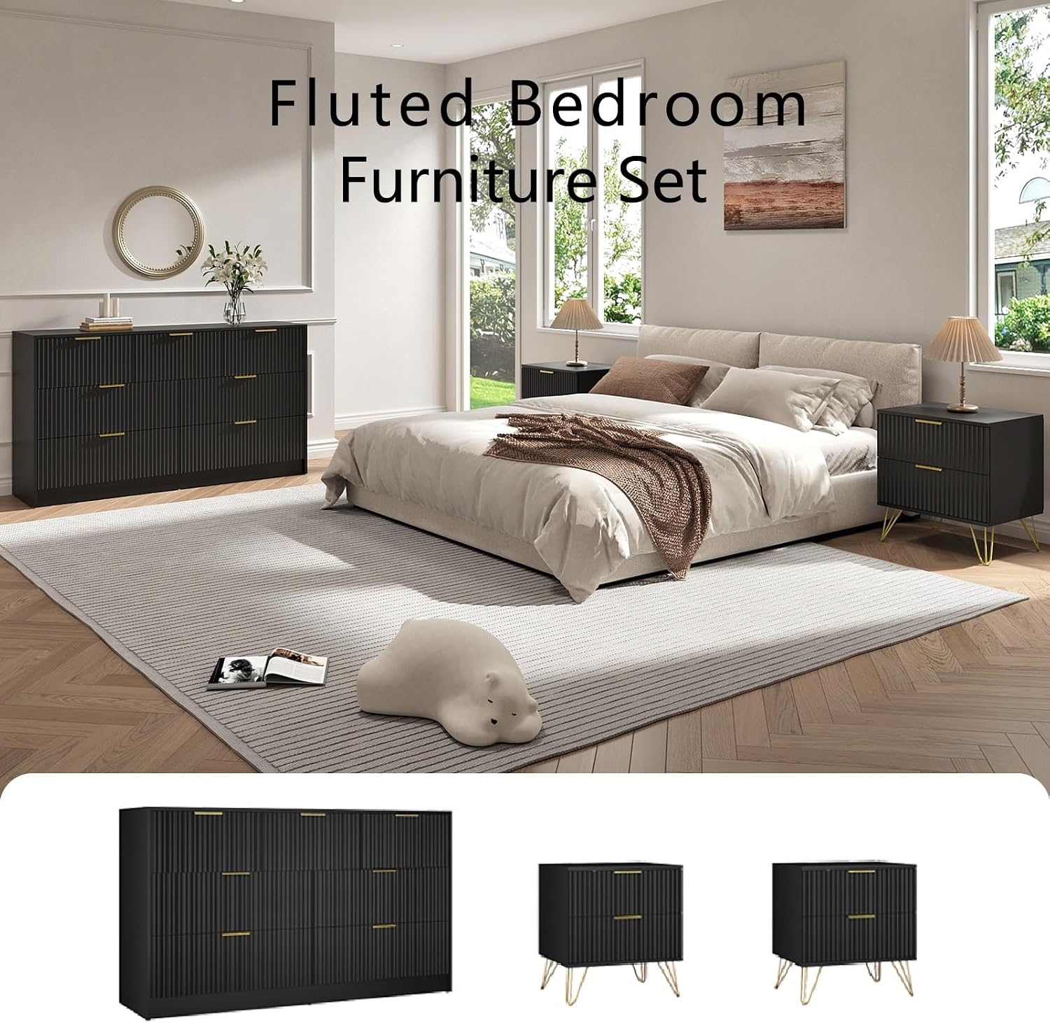 7 Drawer Dresser and Nightstand Sets for Bedroom, 3 Pcs Bedroom Set，Night Stand Set of 2 & 7 Drawer Dresser with Gold Handles, Modern Wood Chest of Drawers Storage Cabinet Set, Black