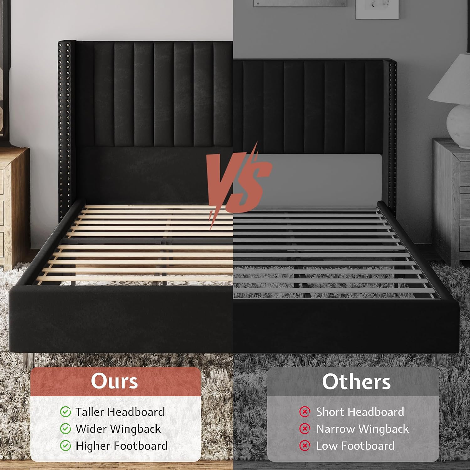 Jocisland Queen Bed Frame with 49.2' Tall Wingback Headboard,Velvet Upholstered Platform Bed for Couples,Guest Bedrooms & Apartments,No Box Spring Needed, Easy Assembly, Black