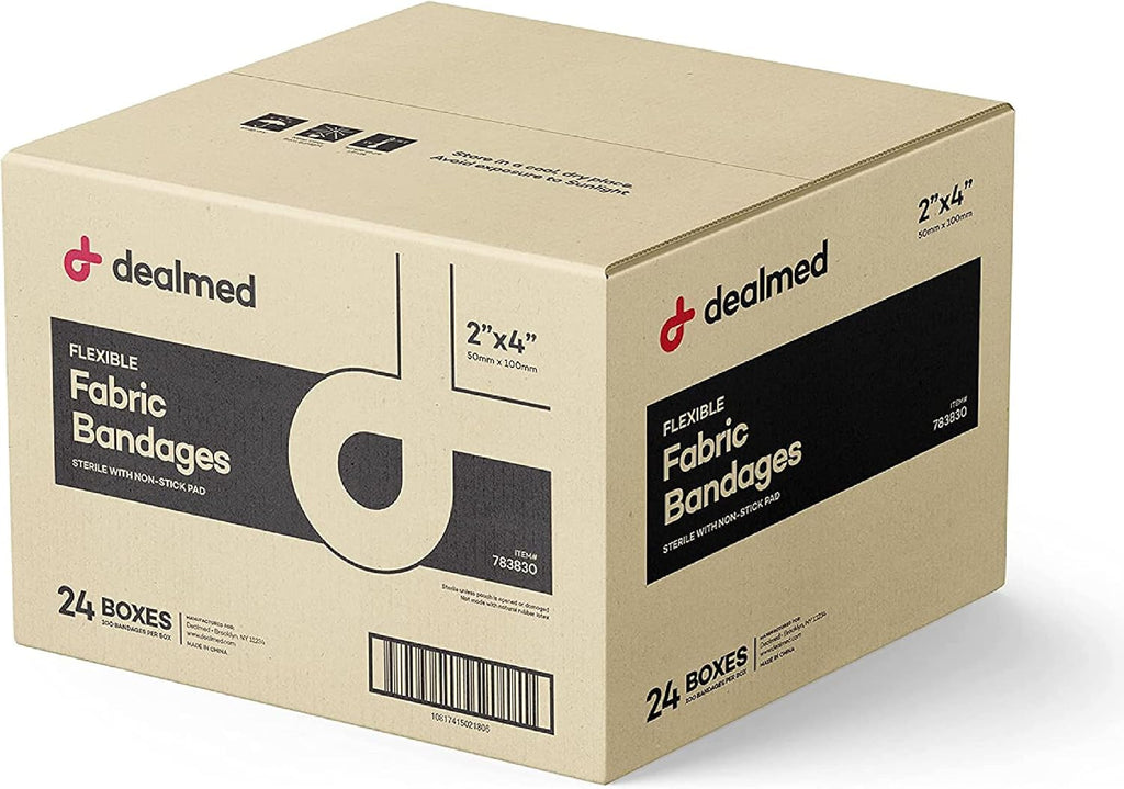 Dealmed Fabric Flexible Adhesive Bandages – 100 Count (24 Pack) Bandages with Non-Stick Pad, Latex Free, Wound Care for First Aid Kit, 2' x 4'