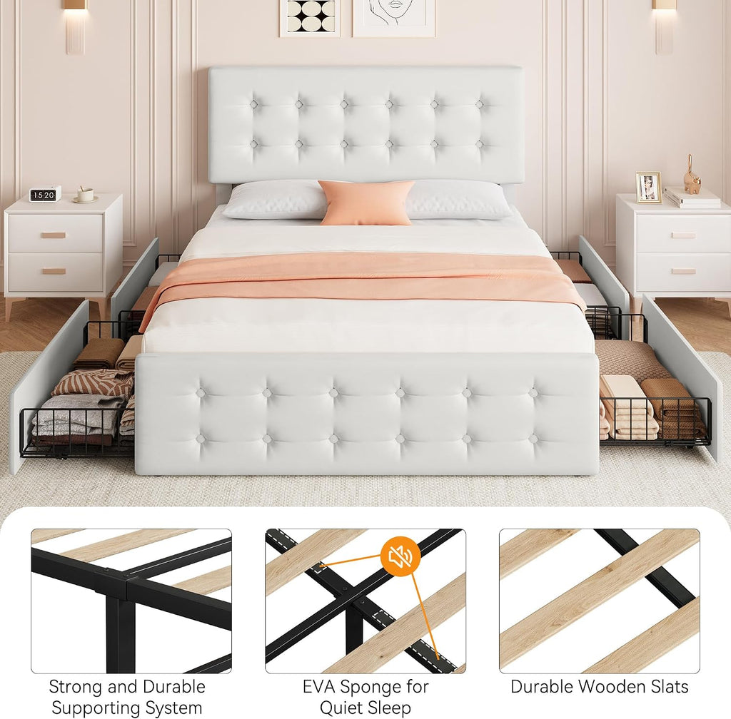 IDEALHOUSE Full Size Bed Frame with 4 Storage Drawers and Headboard, Faux Leather Upholstered Platform Bed Frame with Wooden Slats Support, Button Tufted Design, No Box Spring Needed, Beige