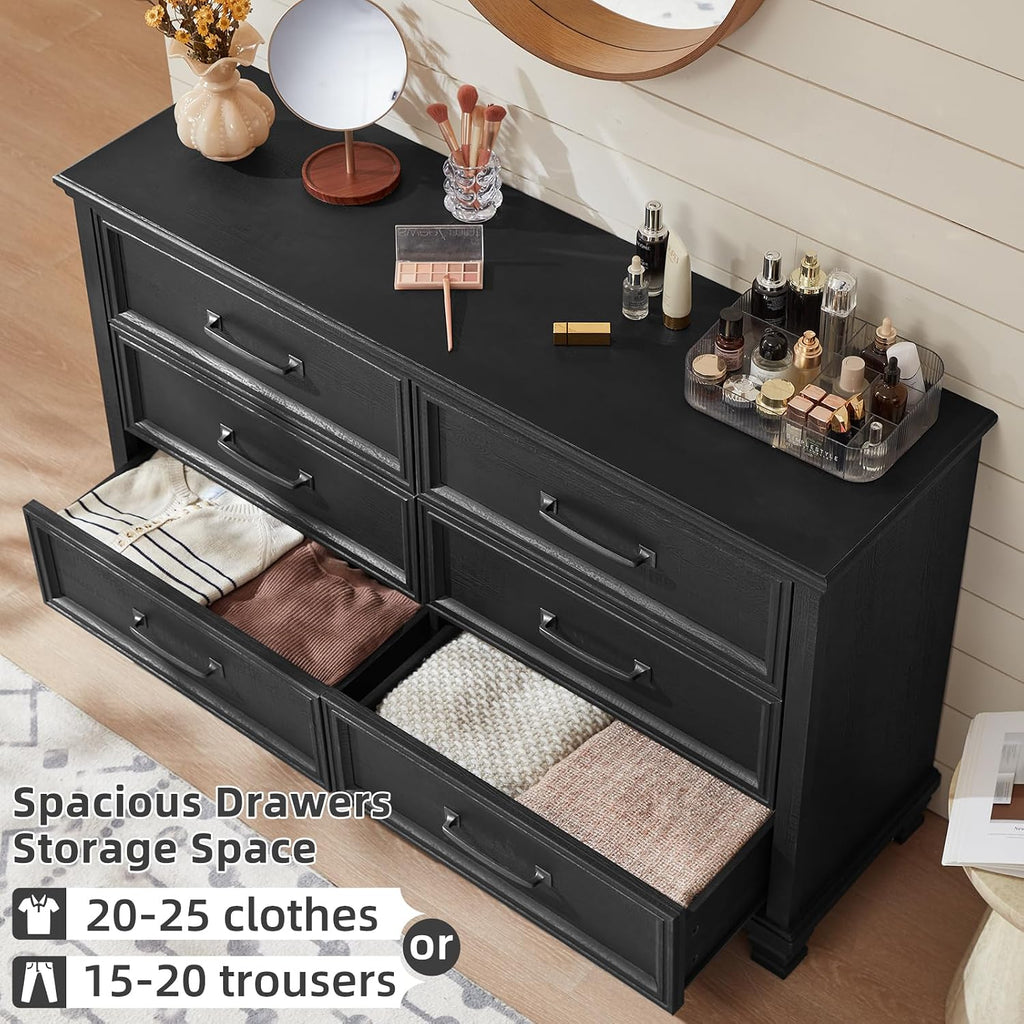 SAVOR LIFE Farmhouse Black Bedroom Sets of 4, Includes 6 Drawer Large Dresser, 2 Drawers Night Stand with Charging Station, Low 6 Chest of Drawers, Wood Rustic Dresser & Nightstand Set for Home