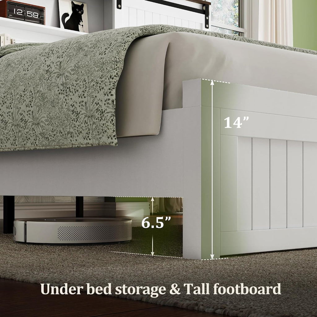 Queen Size Bed Frame with Storage, Sliding Barn Door, Farmhouse Wood Platform Bed with Reading Light and Charging Station, Wood Slats Support, Easy Assembly, Noise-Free, Antique White