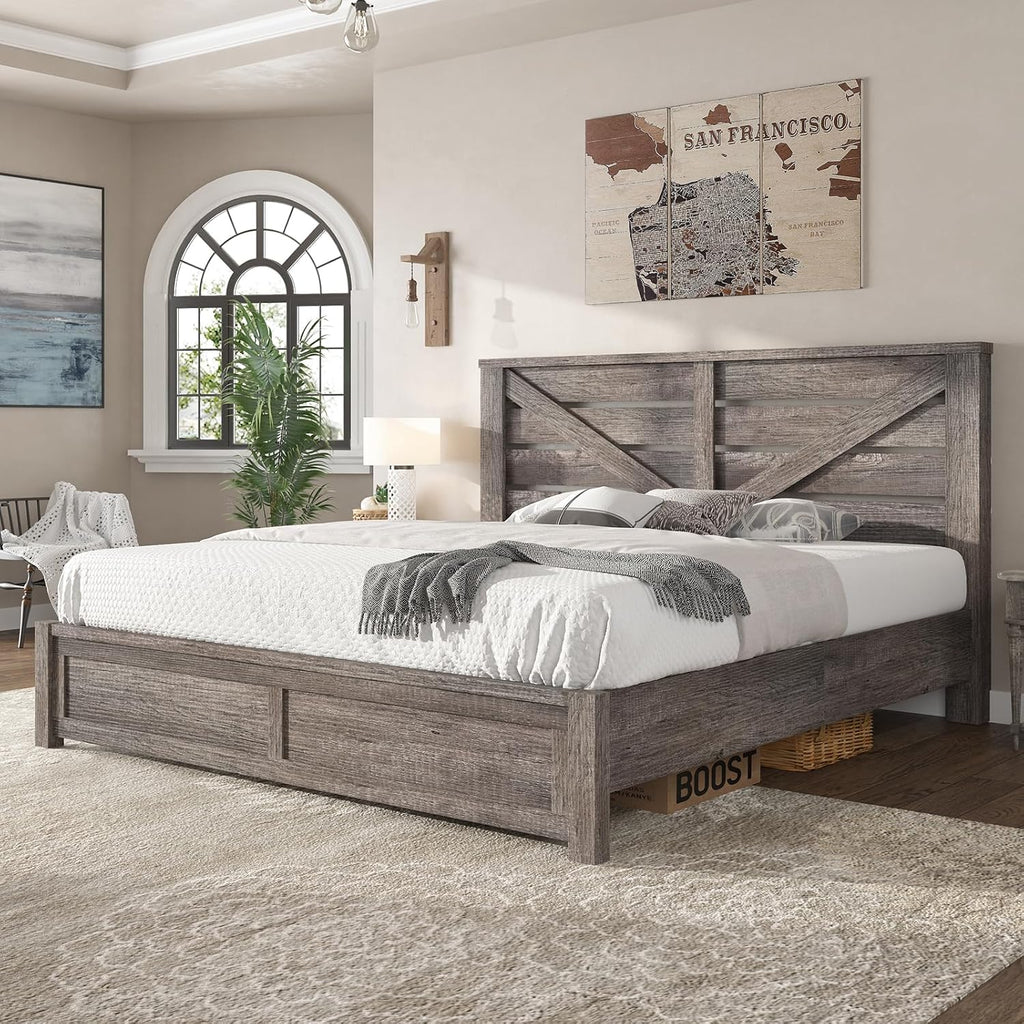 AMERLIFE King Size Bed Frame with 49.2' Barn Door Headboard and Footboard, Farmhouse Platform Bed Frame with Wood Slats, No Box Spring Needed, Under Bed Storage, Rustic Gray