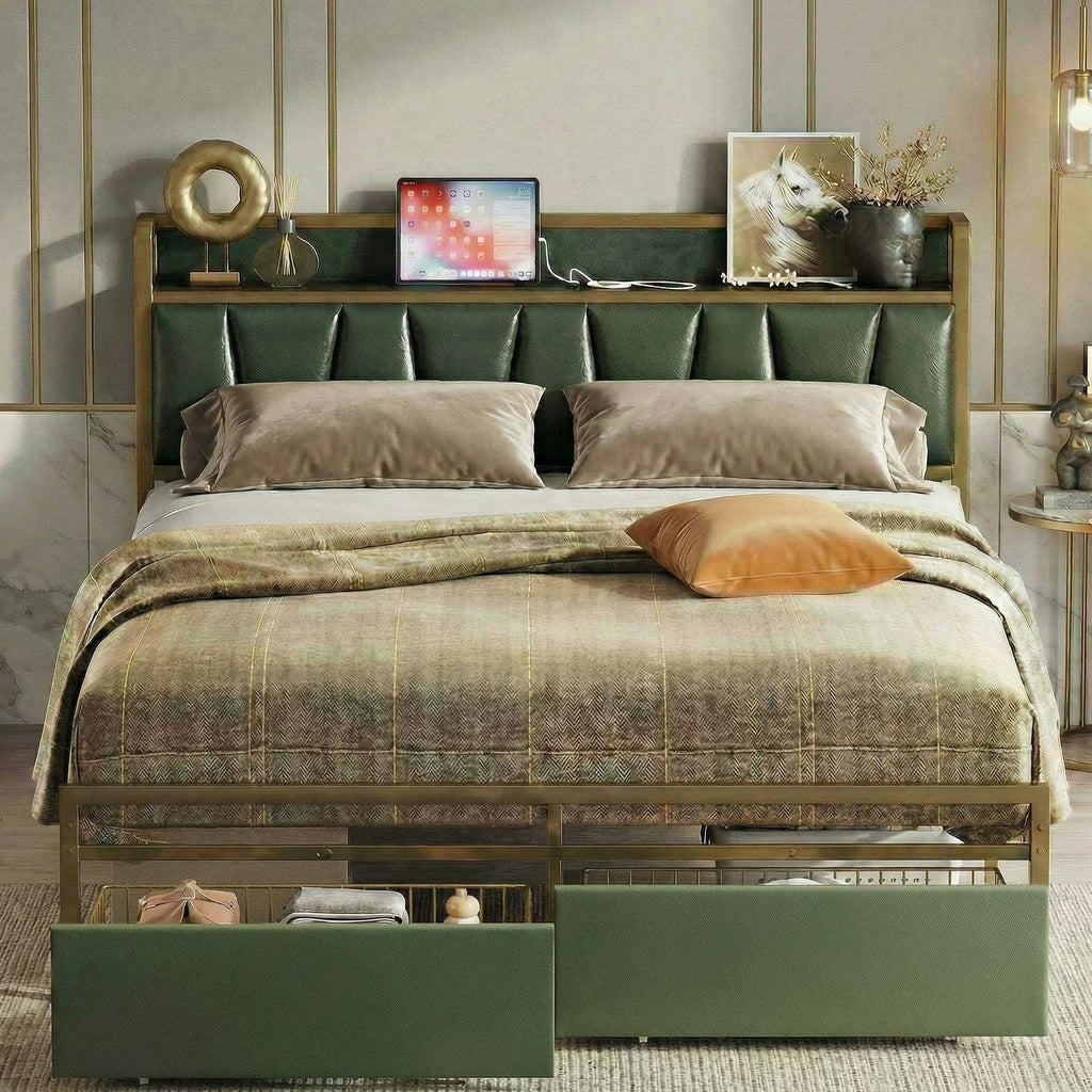 LIKIMIO Queen Bed Frame, Storage Headboard with Charging Station, Platform Bed with Drawers, No Box Spring Needed, Easy Assembly, Dark Green