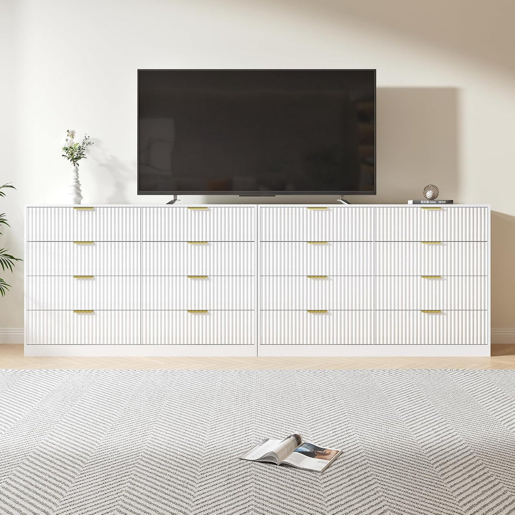 Dresser for Bedroom Set of 2, Fluted 16 Drawers White Dresser Wooden, Modern Bedroom Furniture Set, TV Stand Long Dressers & Chests of Drawers for Closet(15.7' D x 110.2' W x 36' H)