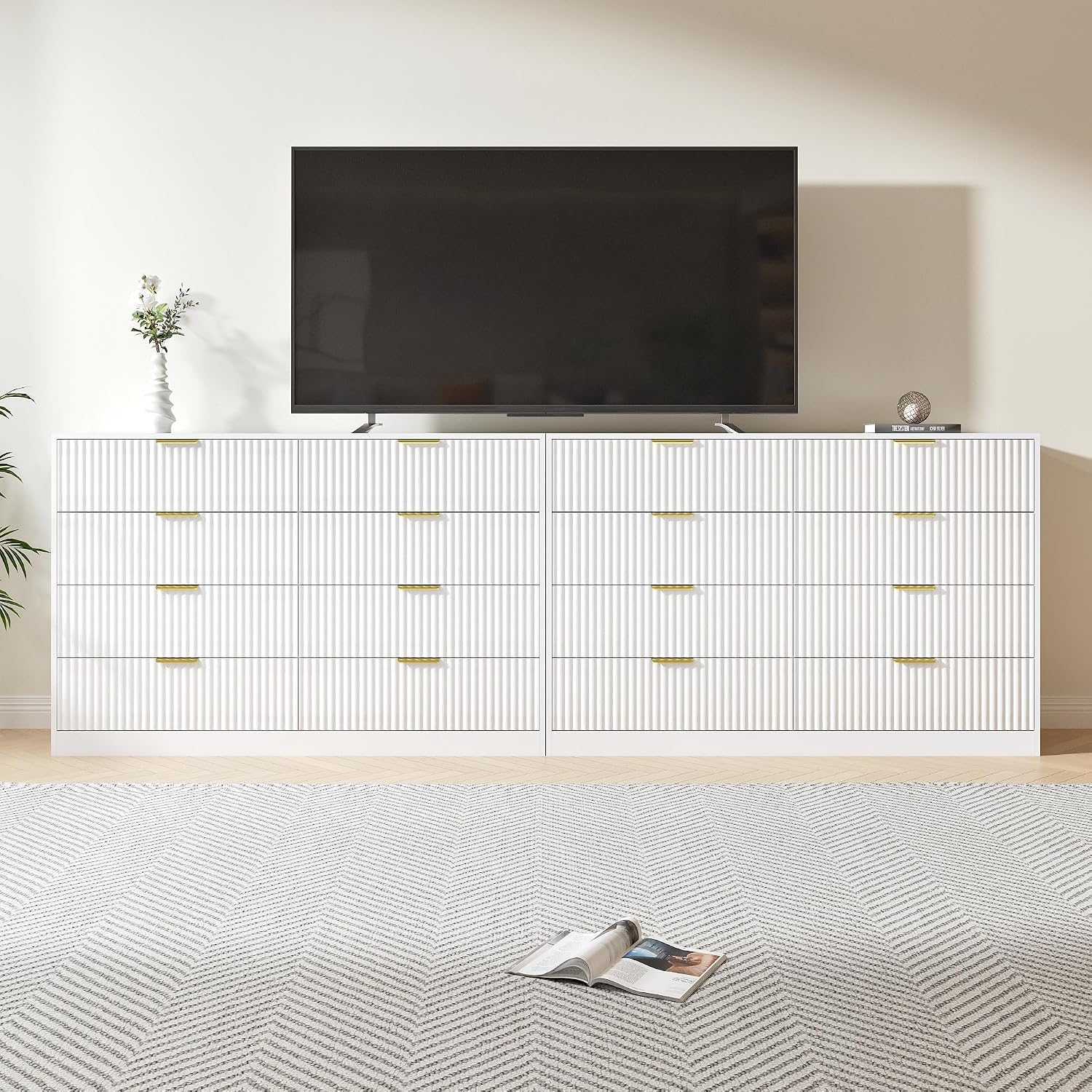 Dresser for Bedroom Set of 2, Fluted 16 Drawers White Dresser Wooden, Modern Bedroom Furniture Set, TV Stand Long Dressers & Chests of Drawers for Closet(15.7' D x 110.2' W x 36' H)