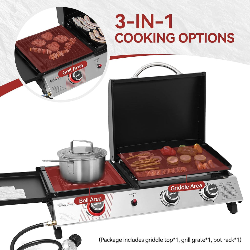3-Burner Portable Propane Gas Griddle with Side Burner, 3-in-1 Grill and Griddle Combo with Lid, Outdoor Cooking, 29,000 BTU, Silver, PD1305H-SC