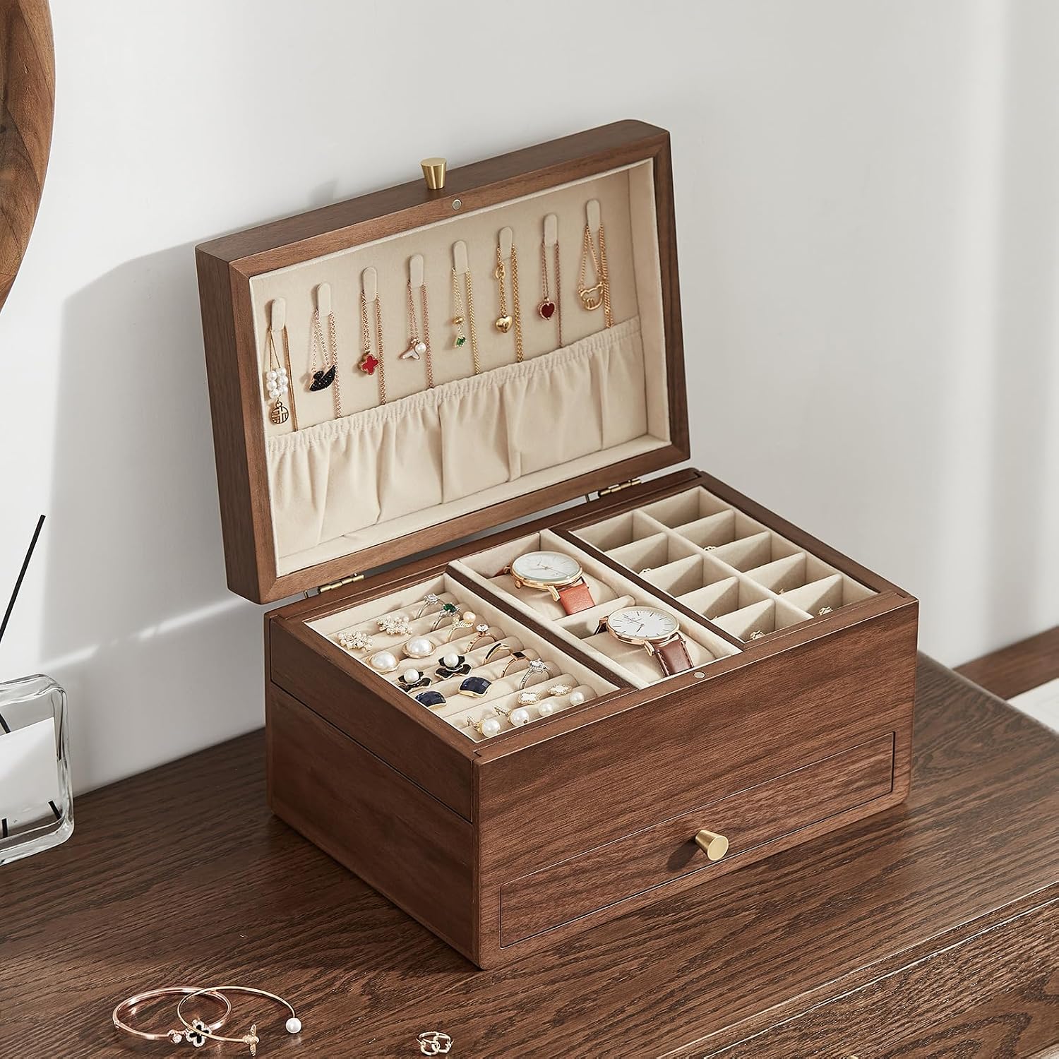 Wooden Jewelry Box for Women, 3 Level Multi-functional Drawers Black Walnut Jewelry Organizer Box, Watch, Necklace, Ring, Earring Storage - Mothers Day Gifts for Mom (No Mirror)