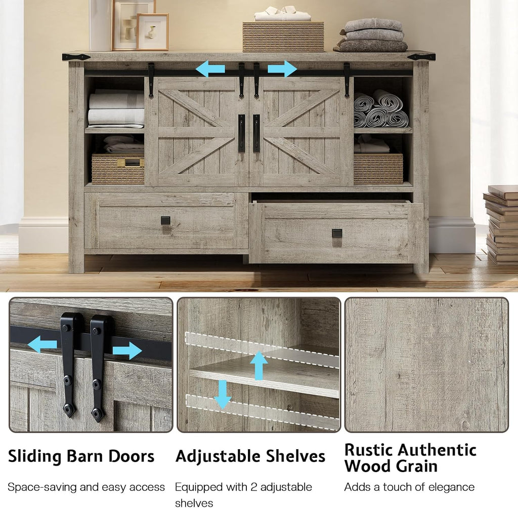 LUXOAK 3 Pieces Bedroom Set - Includes 60' Farmhouse Dresser, 48' Chest of Drawers with Sliding Barn Doors, 48' Tall Storage Cabinet with 5 Drawers, Rustic Grey