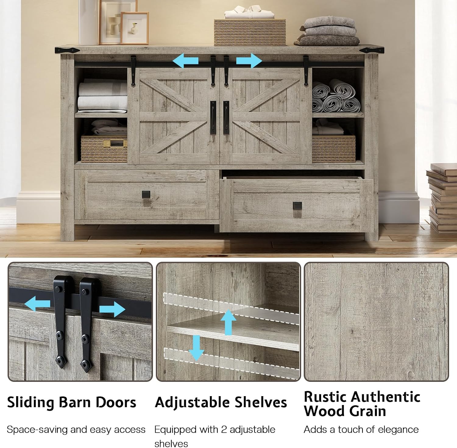 LUXOAK 3 Pieces Bedroom Set - Includes 60' Farmhouse Dresser, 48' Chest of Drawers with Sliding Barn Doors, 48' Tall Storage Cabinet with 5 Drawers, Rustic Grey