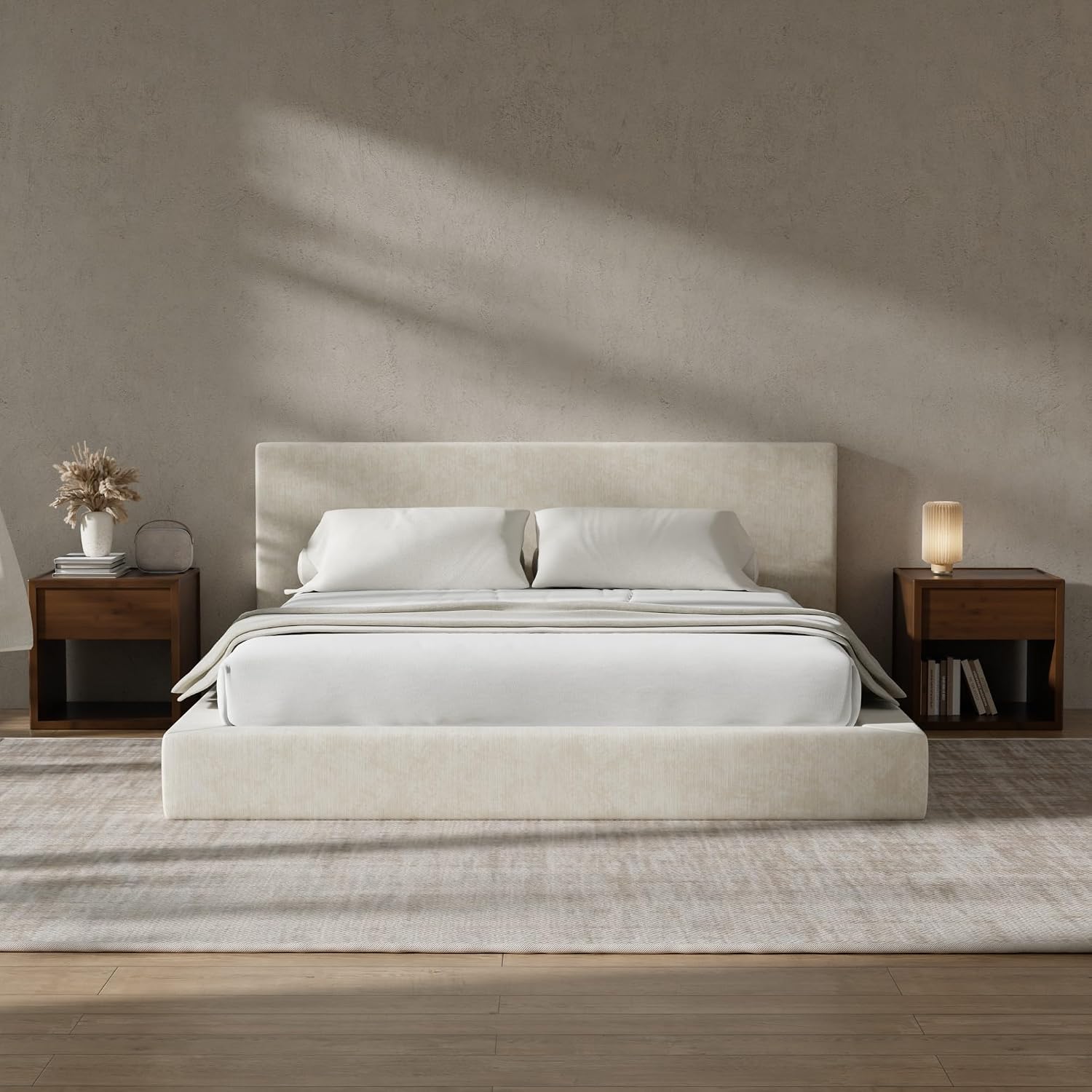 RECCI AirFrame California King Bed Frame with Headboard, Cloud Upholstered Platform Bed Frame, 5 Inch Foam Cushioned, No Box Spring, Easy Assembly(Beige Chenille)