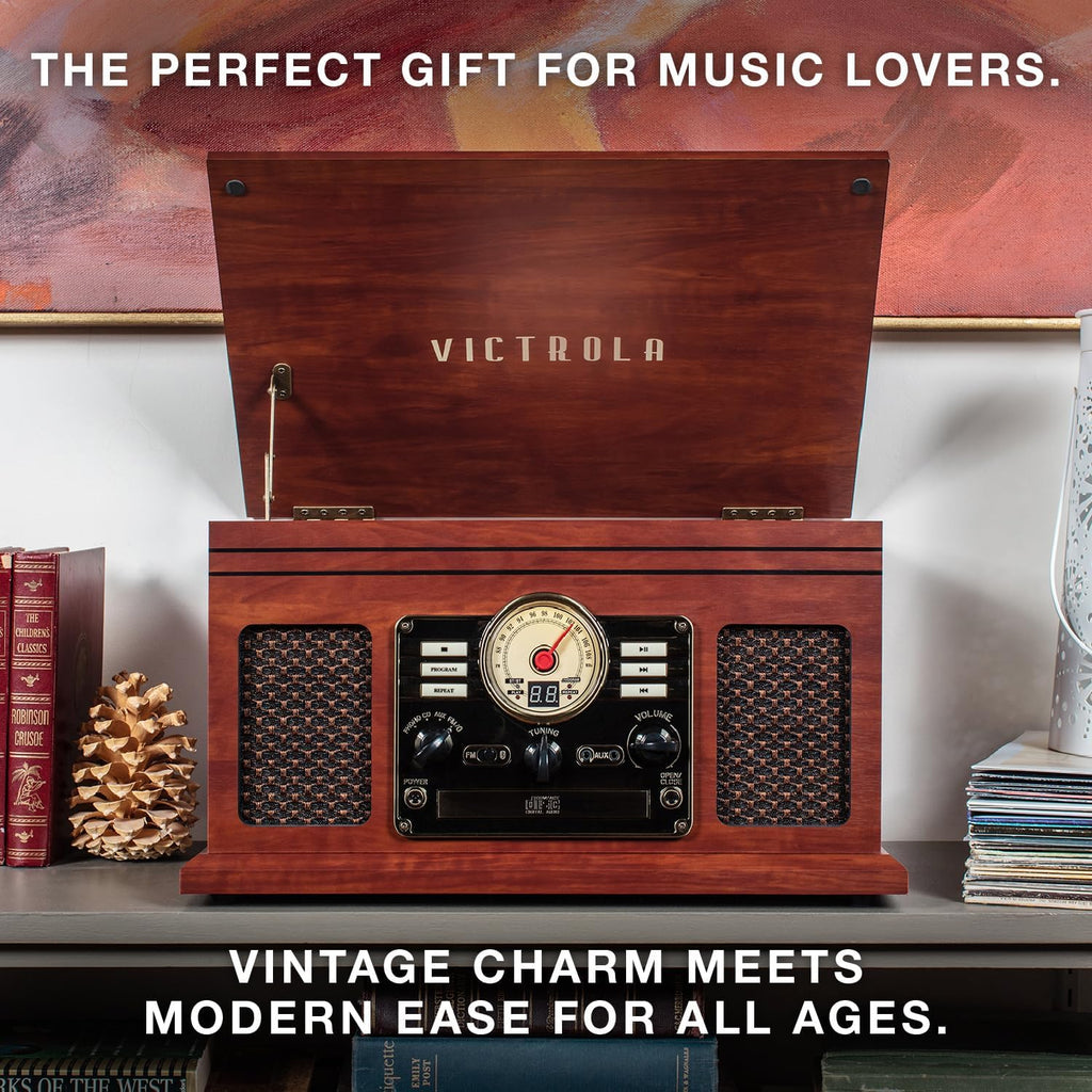 Victrola The Quincy 6-in-1 Bluetooth Record Player & Multimedia Center with Built-in Speakers – 3-Speed Turntable, CD & Cassette Player, FM Radio, Wireless Music Streaming (Grey Wood)