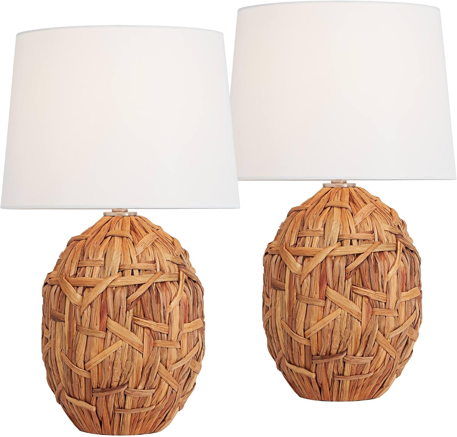 360 Lighting Nantucket 26' High Coastal Cottage Core Modern Farmhouse Rustic Table Lamps Set of 2 Natural Seagrass Living Room Bedroom Bedside Nightstand House Office Home Reading Fabric White Shade