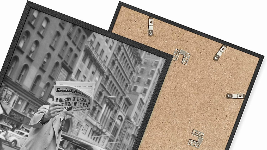Vintage Black and White Street Photography Wall Art Man Holding Social Justice Newspaper 24x36 Inch Oak Wood Black Framed Mid Century Journalism Print for Study