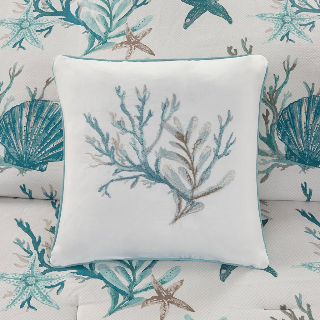 Madison Park Pebble Beach 100% Cotton Comforter Set - Coastal Coral, Starfish Design All Season Down Alternative Cozy Bedding with Matching Shams, Decorative Pillow, Queen(90'x90') Aqua 7 Piece