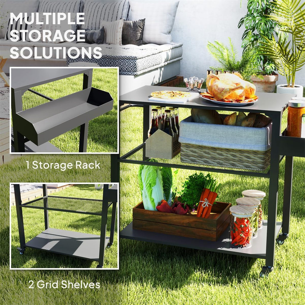 Portable Camping Cart Outdoor Grill Cart with Wheels, Griddle Tray Side Storage Rack Steel Tabletop Pizza Oven Table BBQ Prep, Serving Cart, Black 41.3' W x 19.7' D x 31.1' H