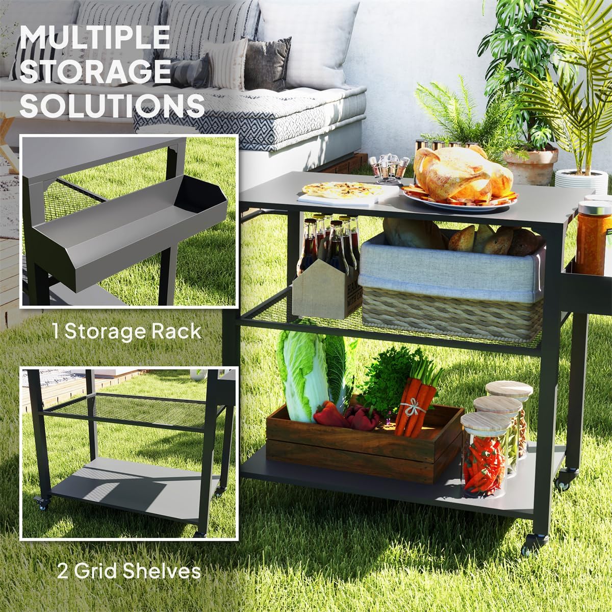 Portable Camping Cart Outdoor Grill Cart with Wheels, Griddle Tray Side Storage Rack Steel Tabletop Pizza Oven Table BBQ Prep, Serving Cart, Black 41.3' W x 19.7' D x 31.1' H
