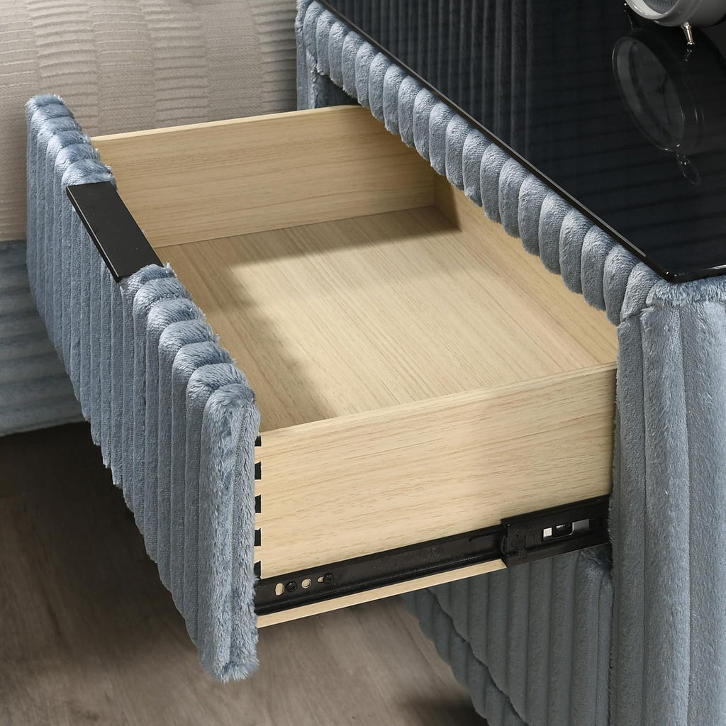 Roundhill Furniture Mavela Wide Wale Corduroy Upholstery Panel King Bed with 2 Nightstands, Blue