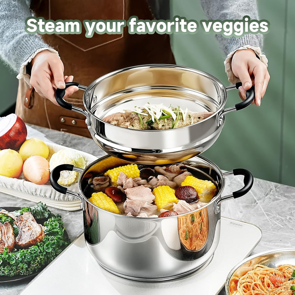 SLOTTET Stainless Steel Kitchen Cookware Set,11 Piece Pots and Pans Set with Steamer,Heat-resistant Handle,Non-Toxic,Induction,Oven,Dishwasher Safe