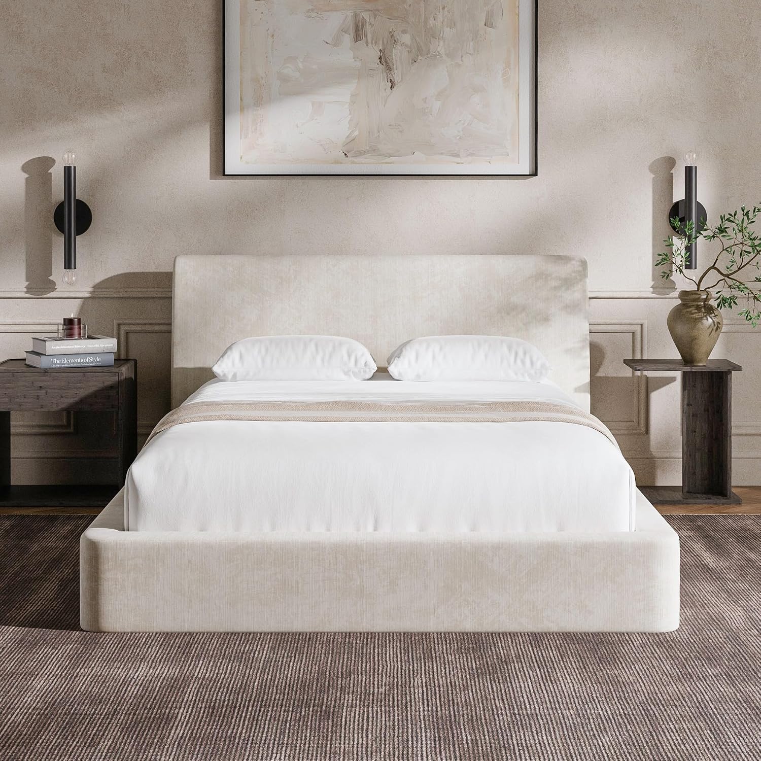 RECCI AirFrame Full Size Bed Frame with Ergonomic Angled Foam Cushioned Headboard, Minimalist Design Platform Bed Frame, No Box Spring Needed, Easy Assembly (Beige Chenille)