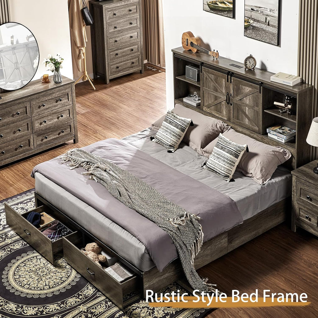 VanAcc Full Size Bed Frame, Wooden Platform Storage Bed with 51.2' Bookcase Headboard, 2 Drawers, Charging Station/No Box Spring Needed/Noise Free(Rustic Grey)