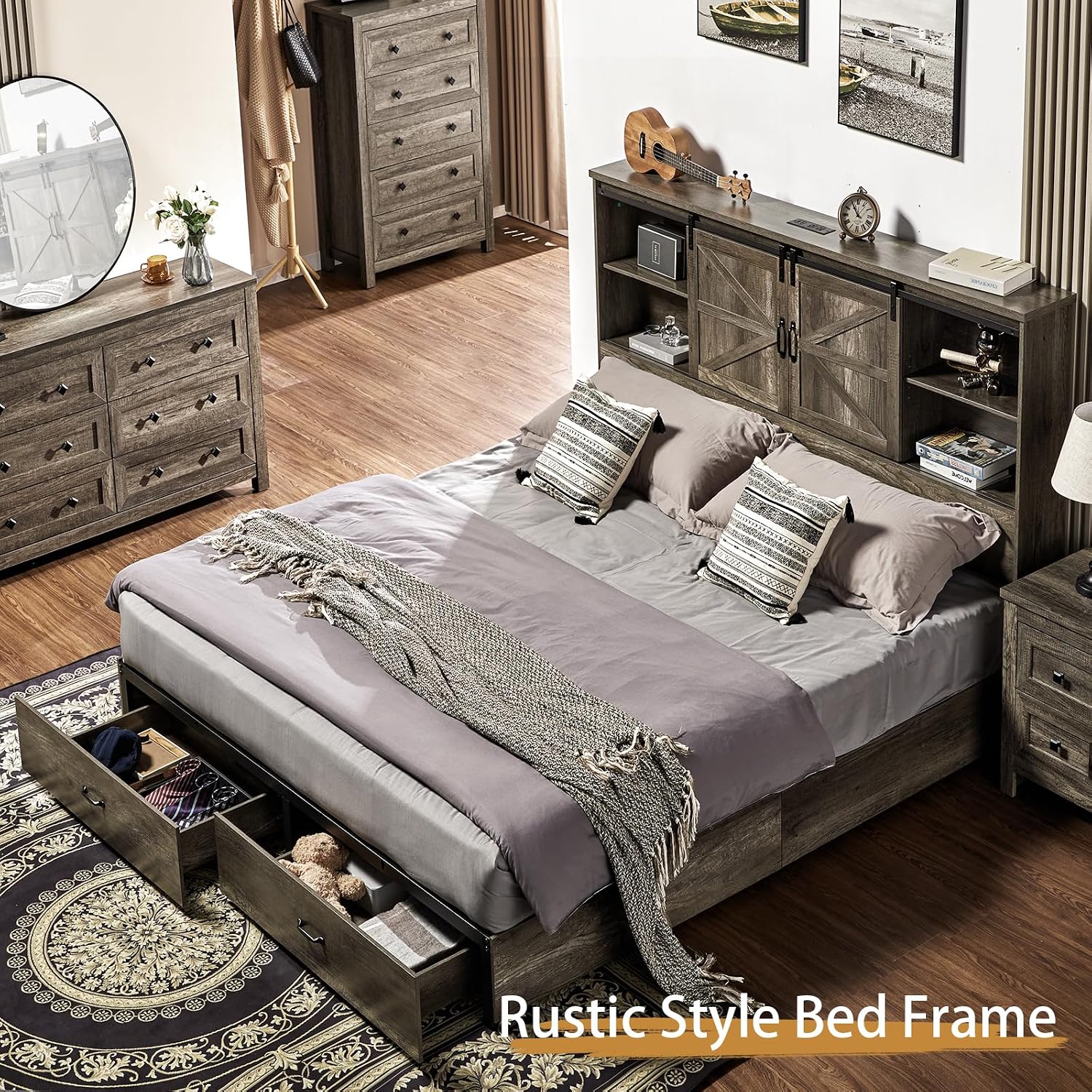 VanAcc Full Size Bed Frame, Wooden Platform Storage Bed with 51.2' Bookcase Headboard, 2 Drawers, Charging Station/No Box Spring Needed/Noise Free(Rustic Grey)