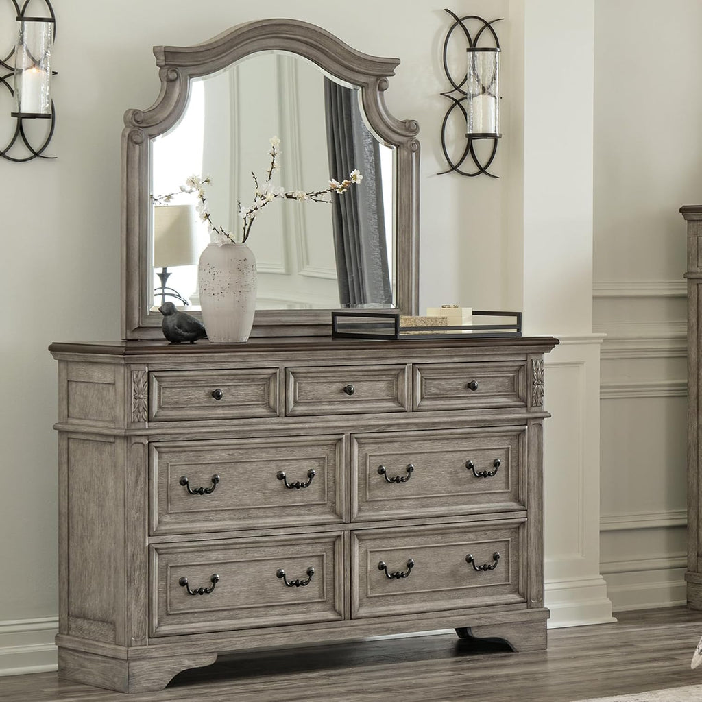 Signature Design by Ashley Lodenbay Casual Smooth-Gliding 7-Drawer Dresser and Mirror with Safety Stop, Light Gray & Dark Brown
