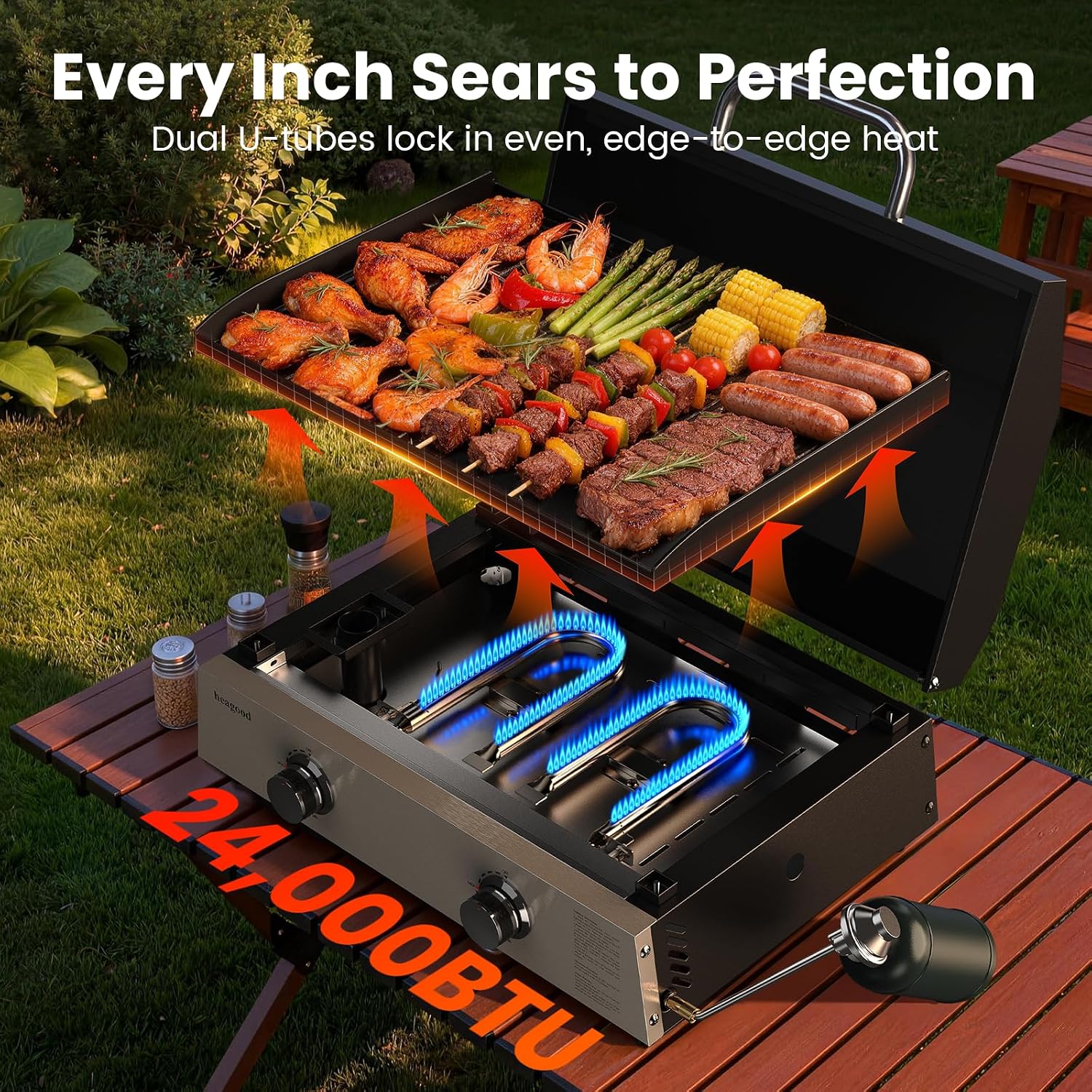 Flat Top Gill, Outdoor Griddle 22' Tabletop Gas Griddle with Hood for Outdoor Camping Tailgating (24000 BTU, 2 Burner, Carbon Steel Plate)
