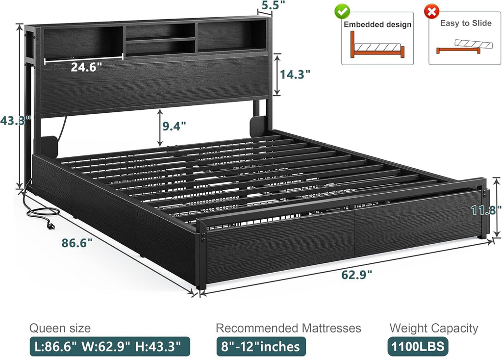 EnHomee Queen Bed Frame with 6 Storage Drawers, Headboard & Charging Station, Noise-Free Metal Platform Bed, No Box Spring Needed,Black