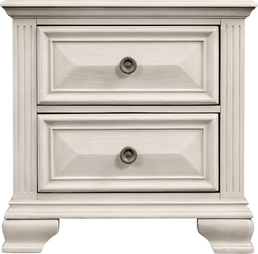 Roundhill Furniture Renova Distressed Parchment Wood Bedroom Set, Panel Bed, Dresser, Mirror, Nightstand, King