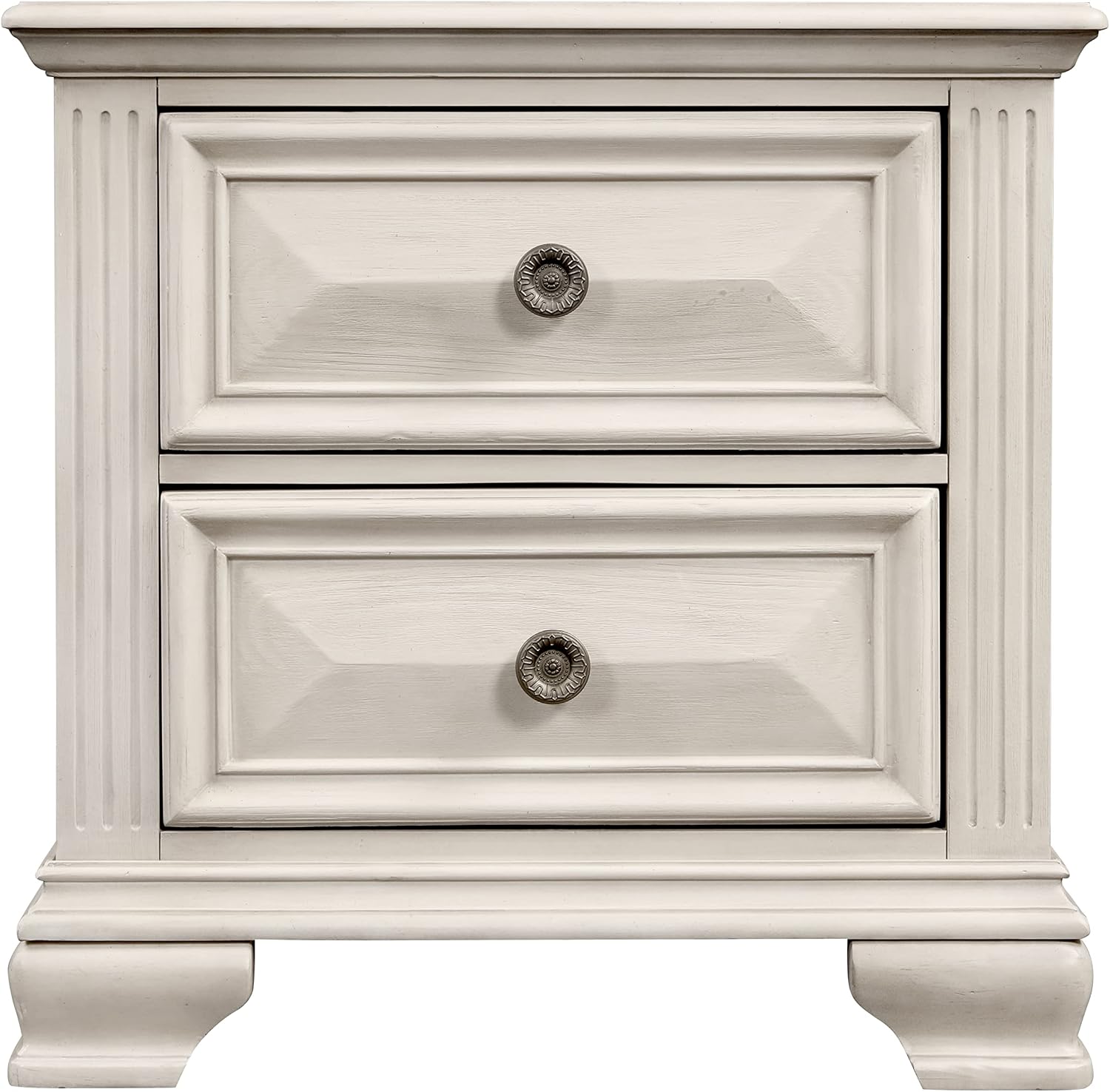 Roundhill Furniture Renova Distressed Parchment Wood Bedroom Set, Panel Bed, Dresser, Mirror, Nightstand, King