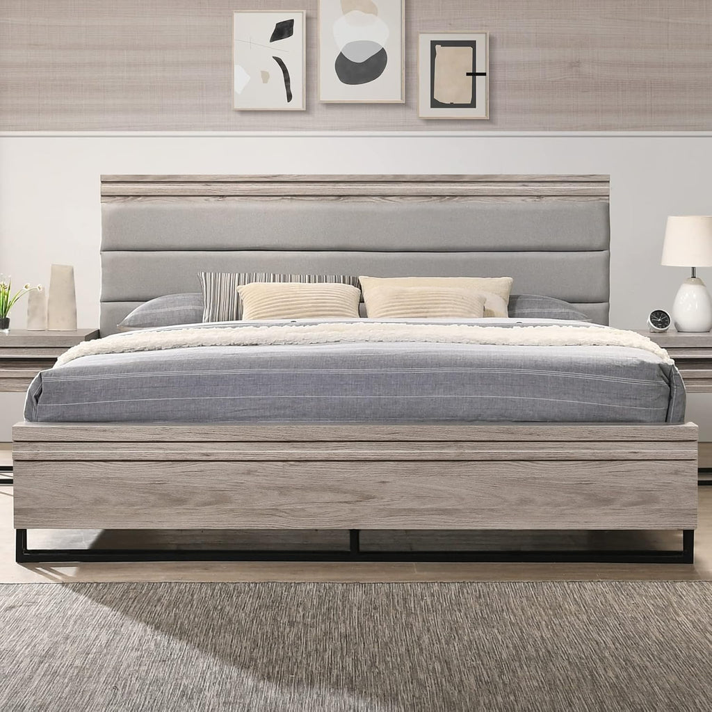 Roundhill Furniture Alvear Upholstered Wood Panel Bed, Dresser, Mirror, 2 Nightstands, and Chest, King, Weathered Gray