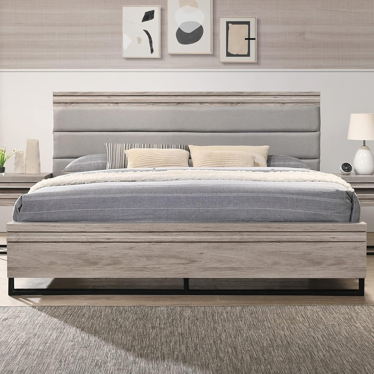 Roundhill Furniture Alvear Upholstered Wood Panel Bed, Dresser, Mirror, 2 Nightstands, and Chest, King, Weathered Gray