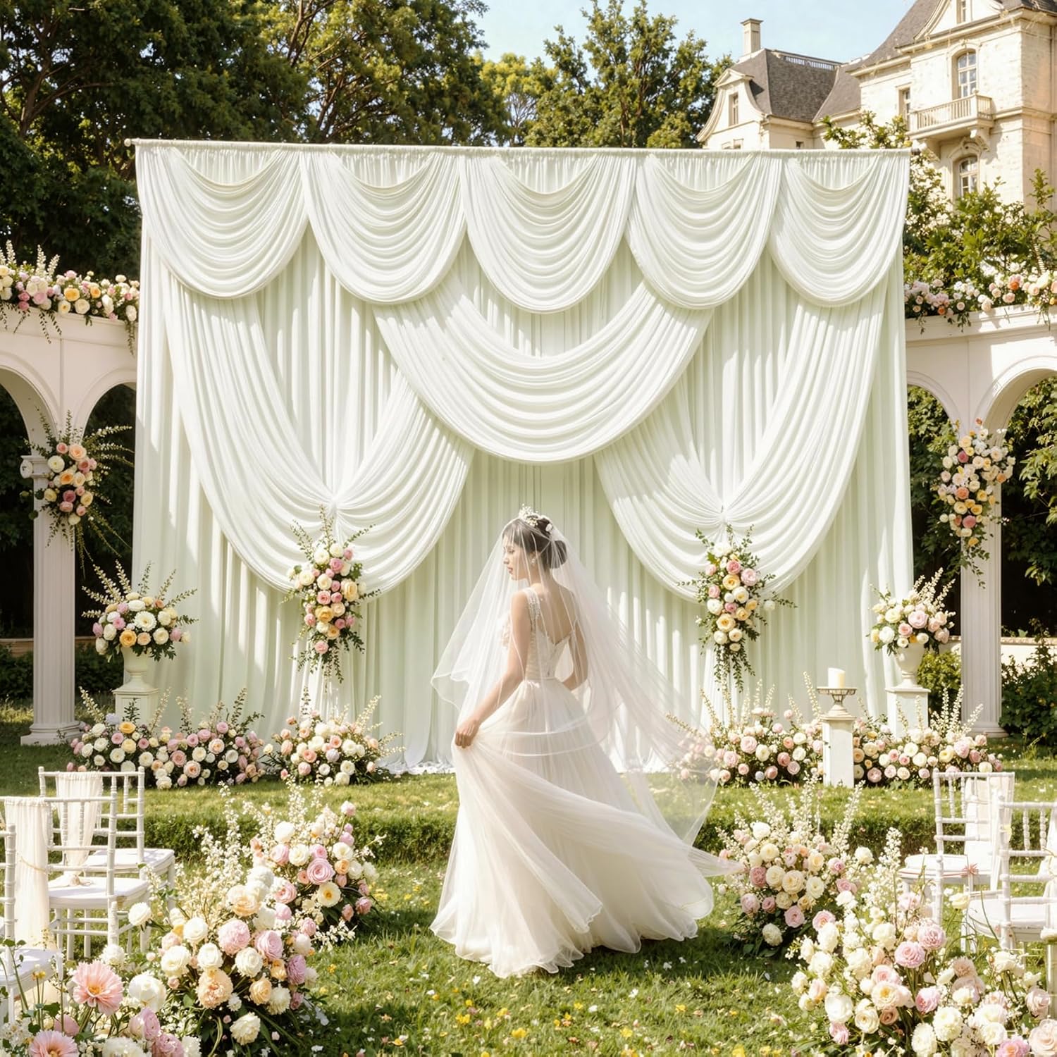 60ftx12ft Wrinkle Free Ivory Backdrop Curtain, 12 Panels 12FT Height Ivory Wedding Backdrop Drapes, Silky Polyester Back Drop Cloth for Birthday Photography Background Party Backdrop Draping