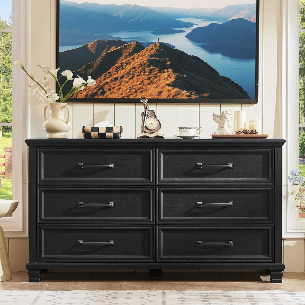 SAVOR LIFE Farmhouse Bedroom Dresser and Nightstand Set of 4, 6 Drawer Low & 5 Drawers Dresser & 2 Drawer Nightstand Set, Rustic Wood Furniture Set for Bedroom, Hallway, Black