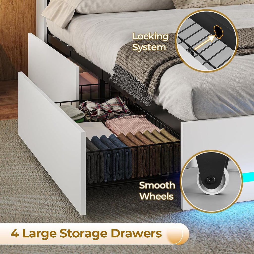VIAGDO Twin Bed Frames with Bookcase Headboard, Wooden Bed Frame Twin Size with Charging Station, 4 Storage Drawers and LED Lights, LED Bed Frame with Type-C and USB, No Box Spring Needed, White