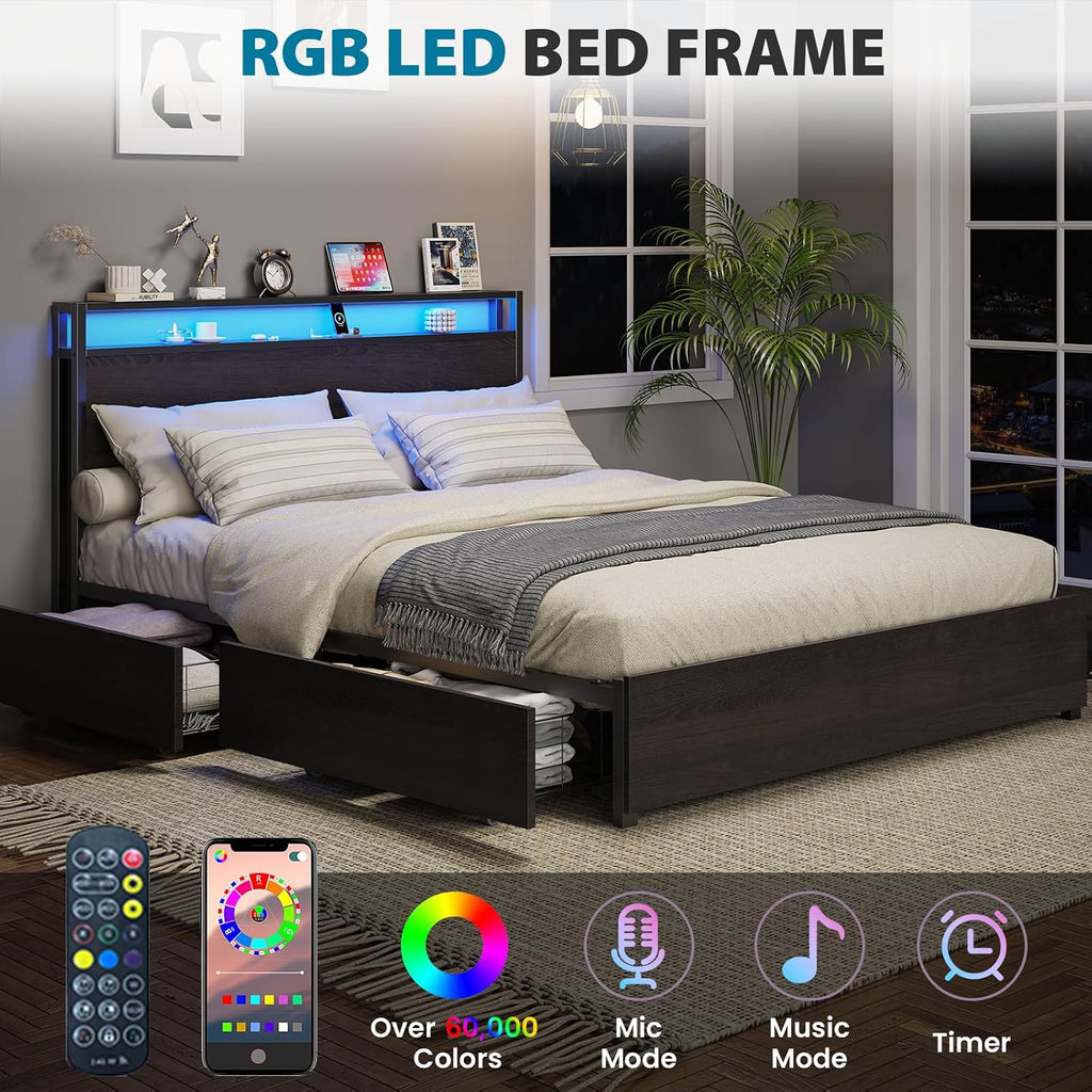 Kiivakii Full Size Bed Frame with Headboard, LED Platform Bed with 4 Storage Drawers, Built in Charging Station, Noise-Free, Metal Support Base, No Box Spring Needed, Black