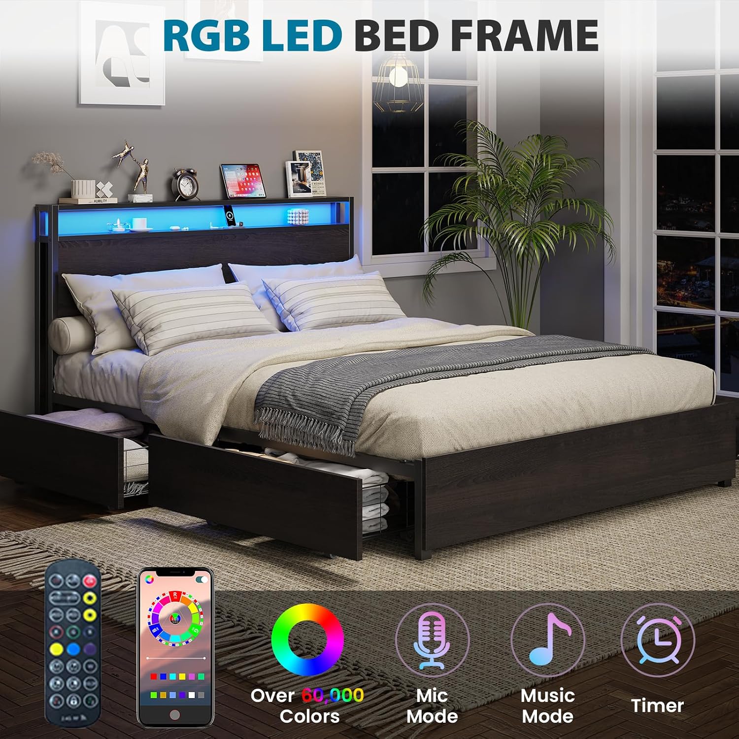 Kiivakii Full Size Bed Frame with Headboard, LED Platform Bed with 4 Storage Drawers, Built in Charging Station, Noise-Free, Metal Support Base, No Box Spring Needed, Black