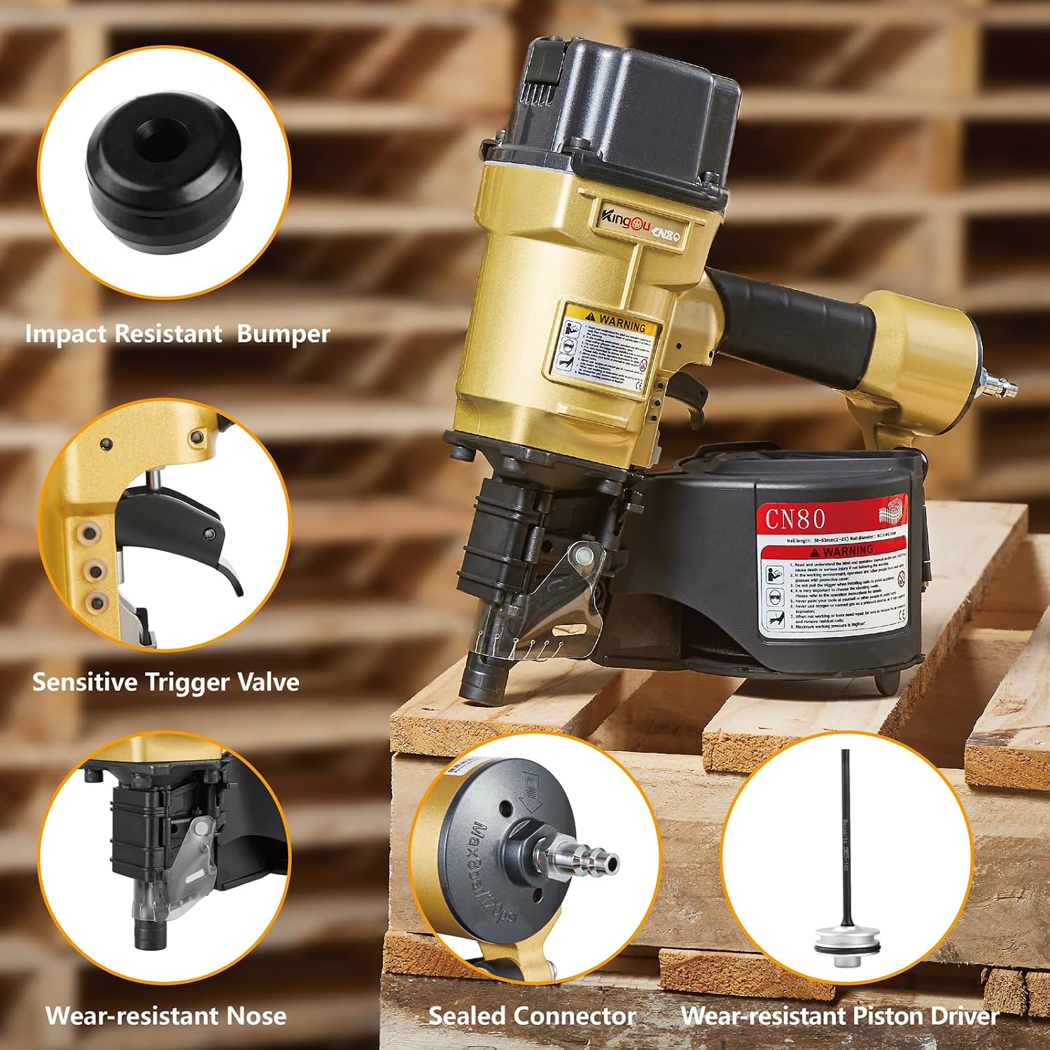 Kingou CN80 Coil Nailer Gun for Wooden Pallet Accepts 1.97-Inch to 3.15-Inch Nails with 1/4 NPT Air Connector 225-300pcs Load Capacity Coil Nailer Coil Nail Gun for Wooden Box Packing