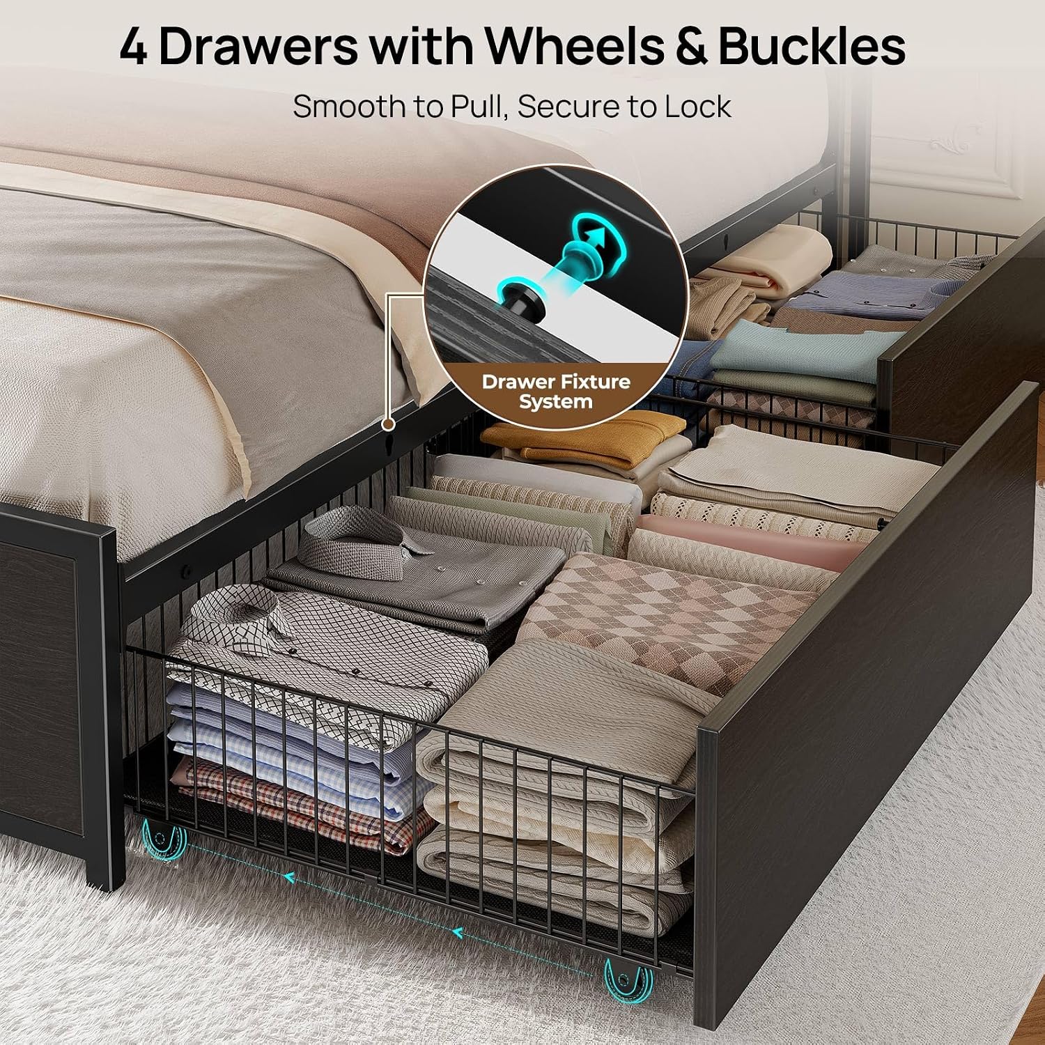 Rolanstar Full Size Bed Frame with 4 Storage Drawers, Charging Station and LED Lights, Metal Platform Bed with 2-Tier Storage Headboard, No Box Spring Needed, Easy Assembly, Noise-Free, Black