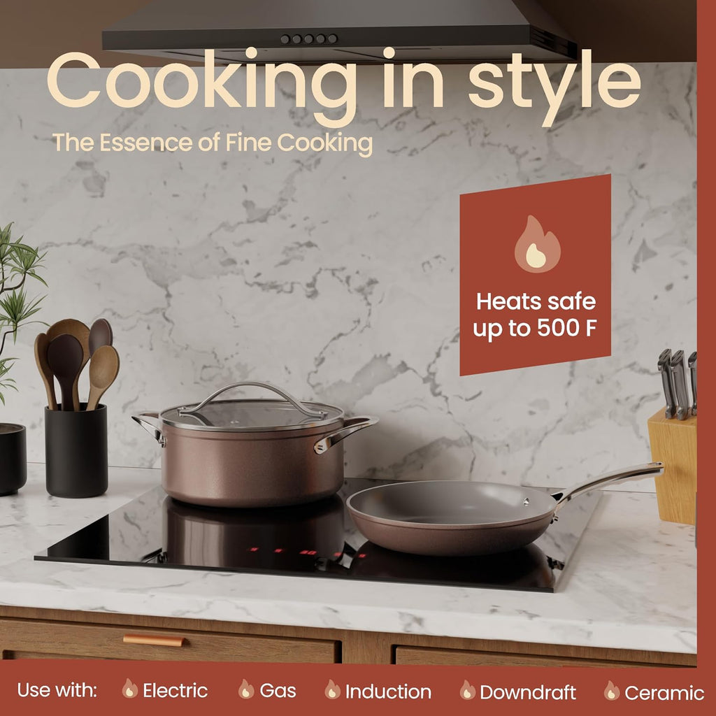 Crystal Kung Minkoff Ceramic Cookware Set – 14-Piece Pots and Pans Set with Lids, Silicone Utensils & Oven Mitts, Nonstick and Non-Toxic, PTFE/PFAS Free, Dishwasher & Stovetop Safe Up to 500°F