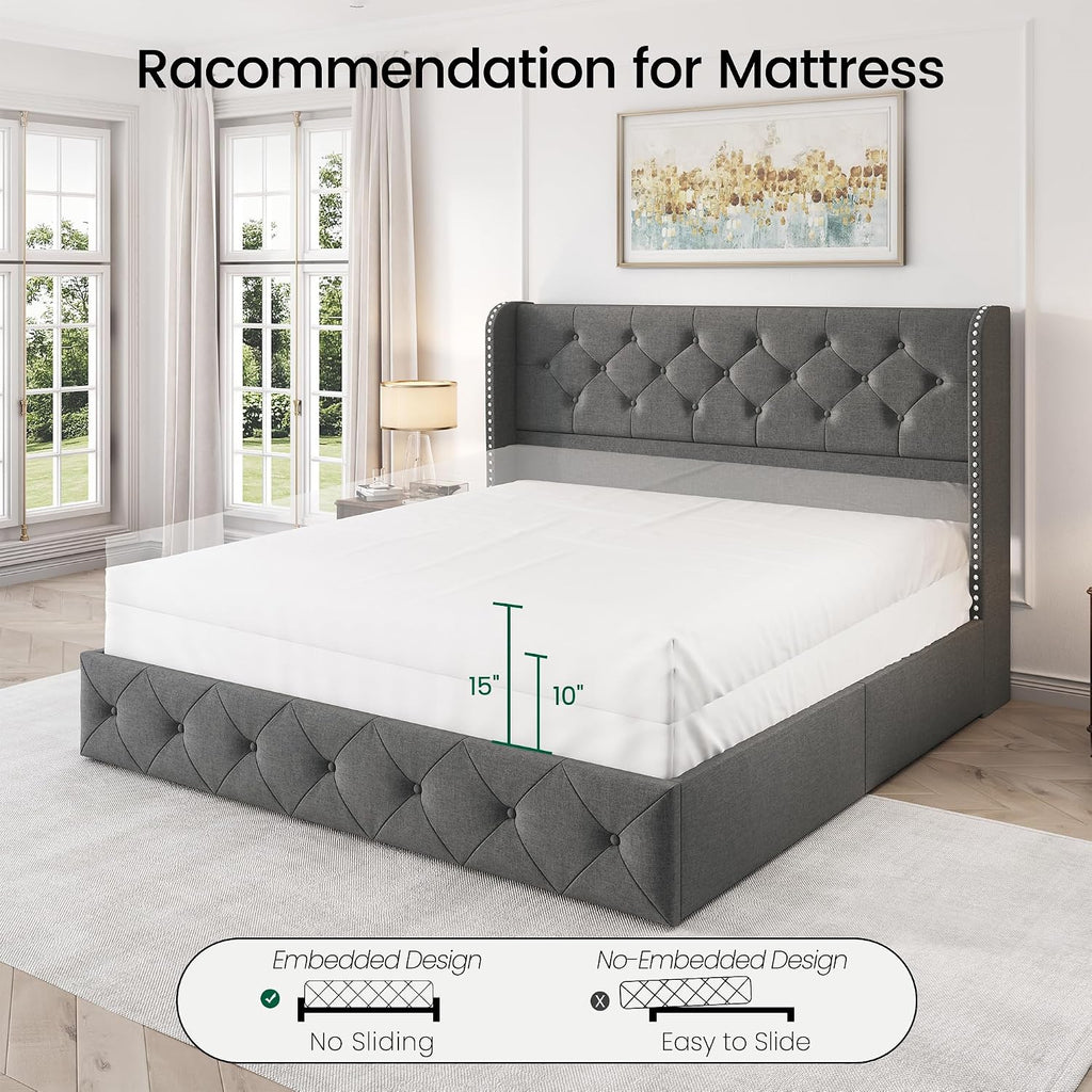 LARMACE Queen Size Platform Bed Frame with 4 Storage Drawers and 47.2' Tall Tufted Headboard Linen Upholstered Bed Wingback Bed Frame with Wooden Slats Support, Easy Assembly, Light Grey