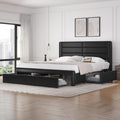Yaheetech King Size Bed Frame with 2 USB Charging Station/Port for Type A&Type C/4 Storage Drawers, Leather Upholstered Platform Bed with Headboard/Solid Wood Slat Support/No Box Spring Needed/Black