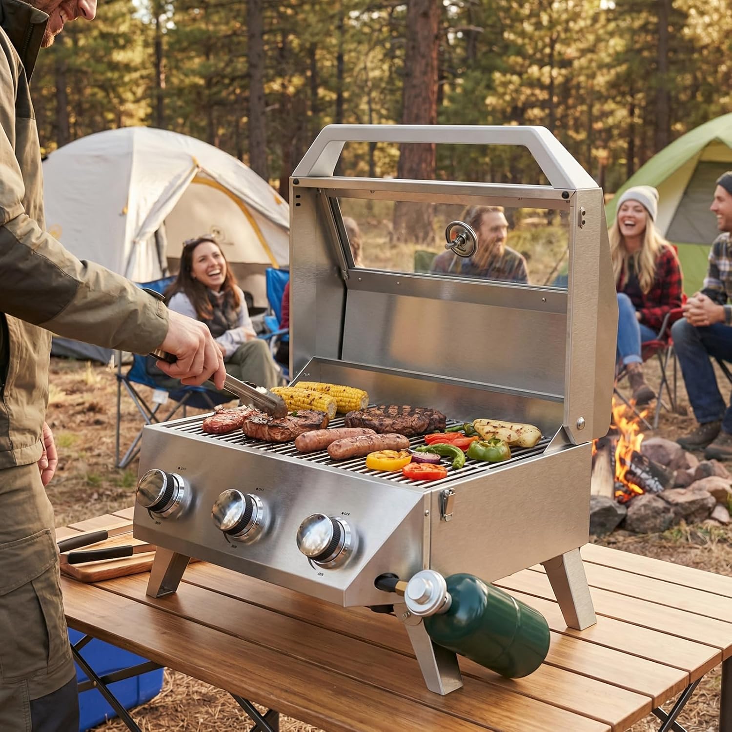 BESTFIRE Portable Propane Grill, 3-Burner Tabletop Gas Grill with 2-in-1 Connection for 1lb/20lb Tanks, 30,000 BTU Stainless Steel BBQ with Observation Window & Thermometer for Outdoor, Tailgating