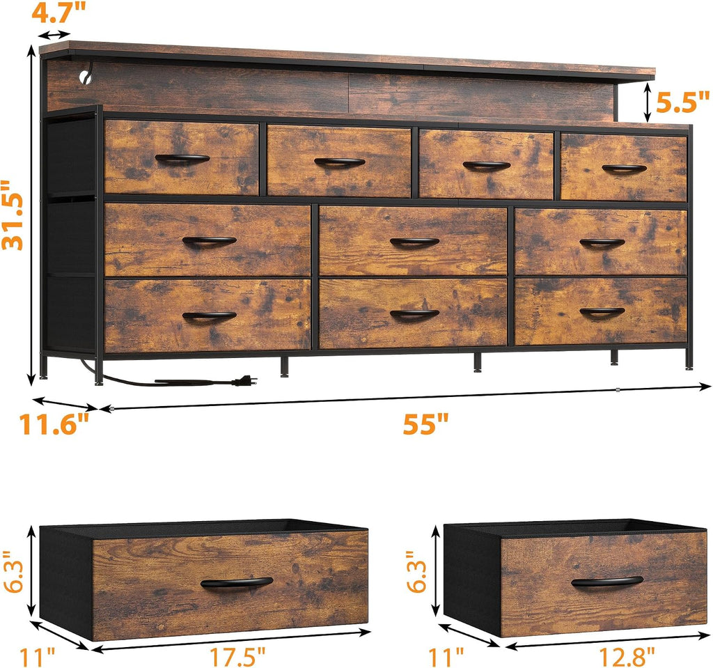 55' W Dresser for Bedroom with 10 Fabric Drawers Long Dresser with LED Lights & Power Outlets Wide Dressers & Chests of Drawers Large Organizer for Bedroom, Metal Frame, Wood Top, Rustic Brown