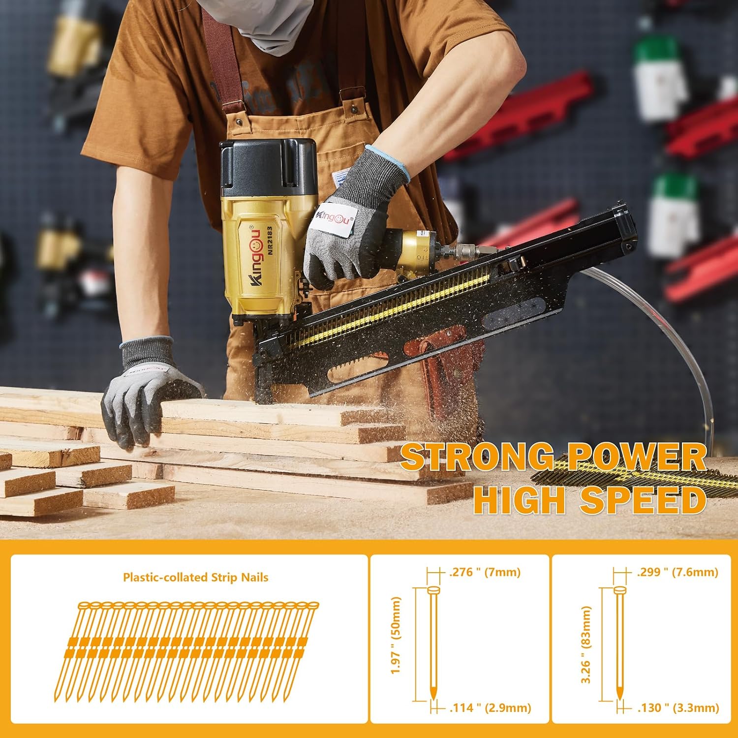 KingOu NR2183 21 Degree Aluminum Magazine, Pneumatic Framing nail gun, 2-Inch up to 3-1/4-Inch Plastic Collated Full Head Framing Nails, Framing, Wooden House Building, Fencing