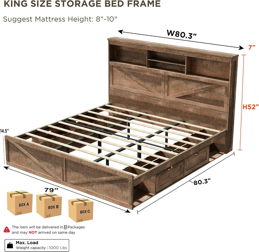 ACCOHOHO Farmhouse King Size Bed Frame with 52' High Storage Bookcase Headboard and 4 Drawers,Wooden Bed Frame with LED Light and Charging Station,Light Brown