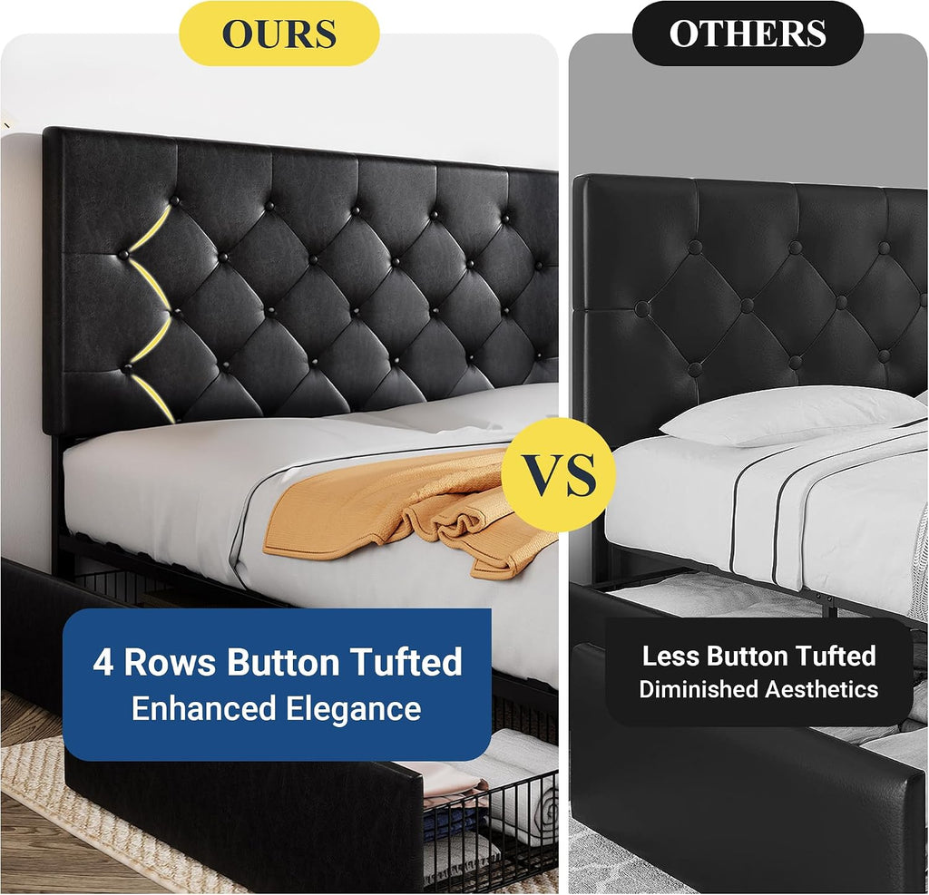 Allewie Upholstered Full Size Platform Bed Frame with 4 Storage Drawers and Headboard, Diamond Stitched Button Tufted, Mattress Foundation with Wooden Slats Support, No Box Spring Needed, Black